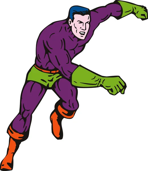 Cartoon super hero running punching — Stock Vector