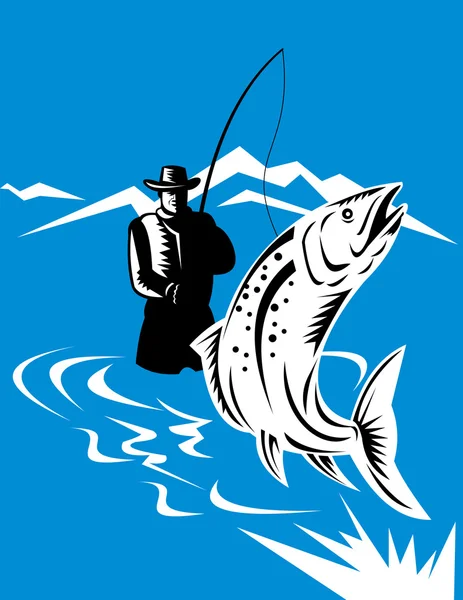 Trucha pez saltando carrete por mosca pescador — Vector de stock