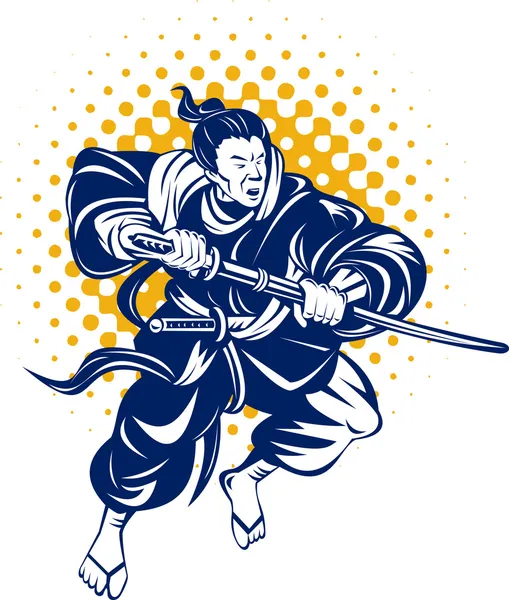 Guerriero samurai giapponese che combatte con la spada katana su sfondo isolato — Vettoriale Stock
