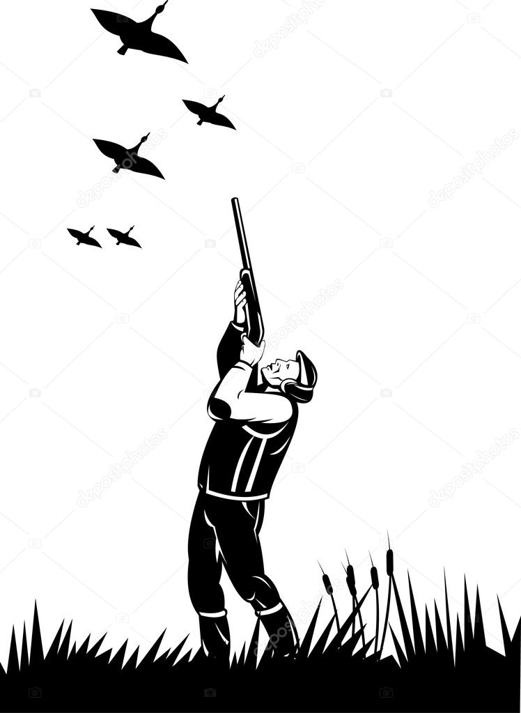 hunter aiming shotgun rifle gun at ducks geese