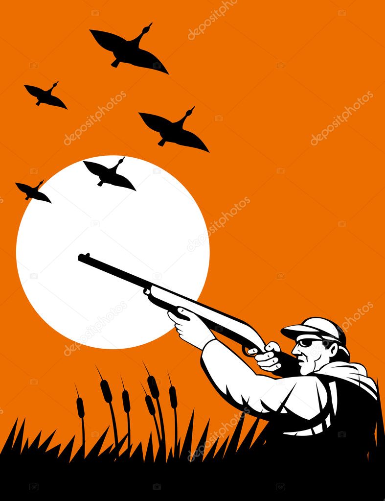 Hunter aiming shotgun rifle gun at flying duck geese