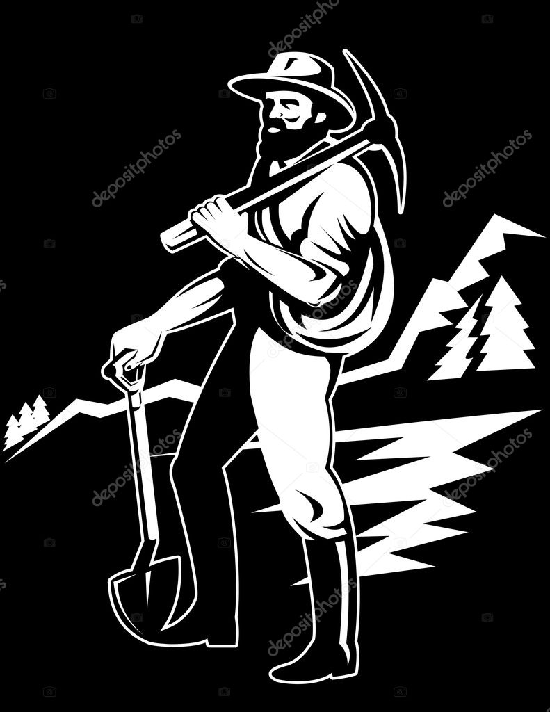 Miner with with pick axe and shovel standing side