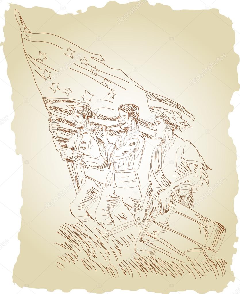 American revolution soldier patriot marching with flag