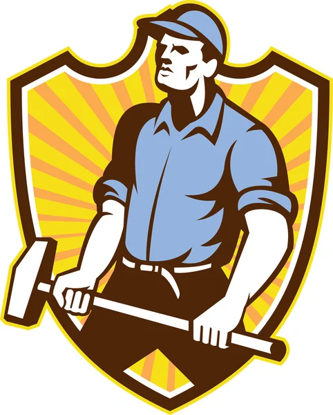 Worker Wielding Sledgehammer Crest Retro — Stock Vector