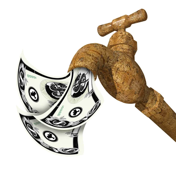Water faucet tap 3D render with money — Stock Photo, Image