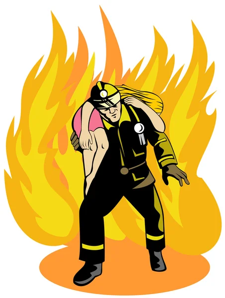 Fireman Fire Fighter Saving Girl — Stock Vector