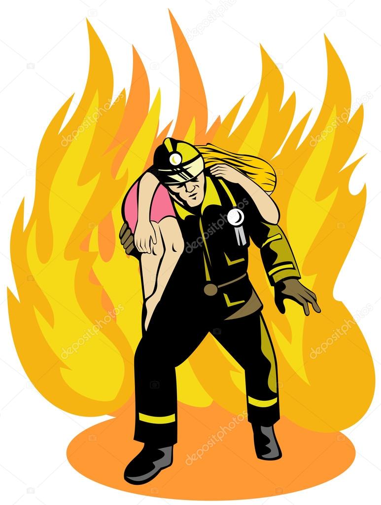 Desenhos animados de fogo como mascote de bombeiro com mangueira