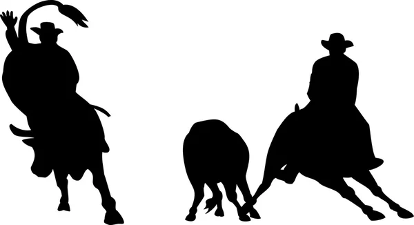 Rodeo vaquero caballo toro montar silueta — Vector de stock