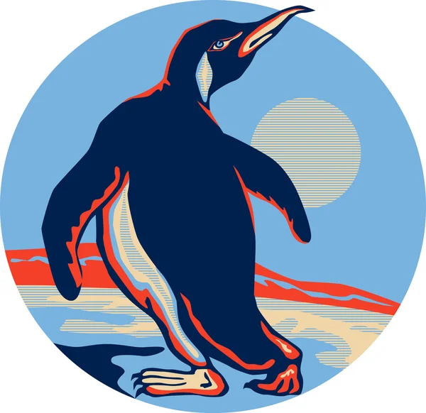 Retro pinguïn wandelen moon — Stockvector