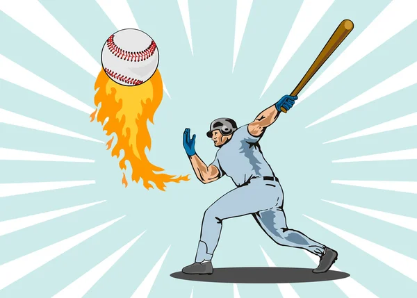 Baseball Player Batting Ball Flames — Stock Vector