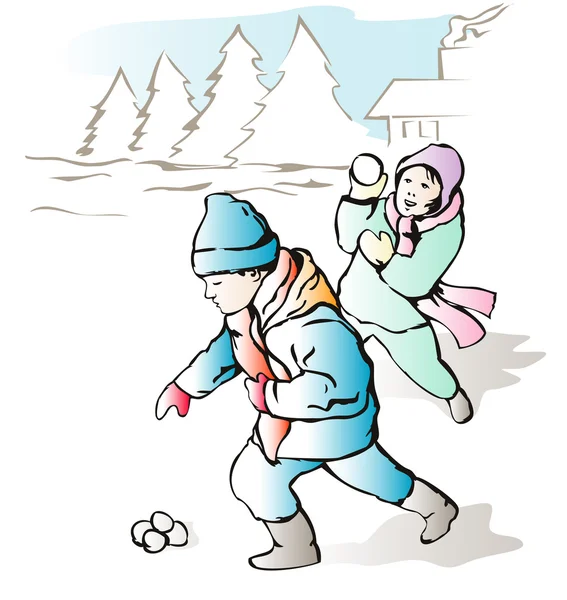 Niños jugando con nieve — Vector de stock