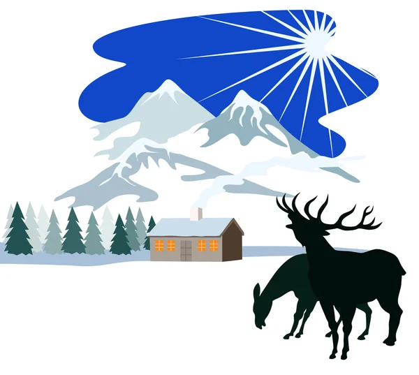 Casa montanhas de neve cervos silhueta — Vetor de Stock
