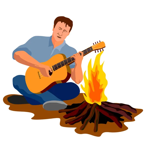 Man Camping Playing Guitar — Stock Vector