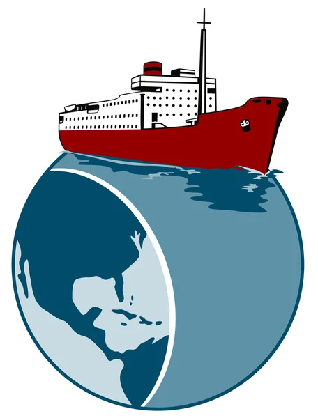Passagier vrachtschip op de top van globe — Stockvector
