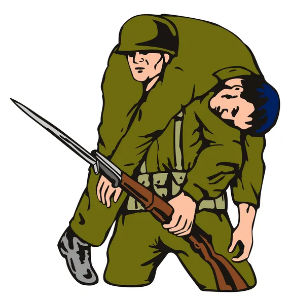 Soldado llevando al camarada herido — Vector de stock