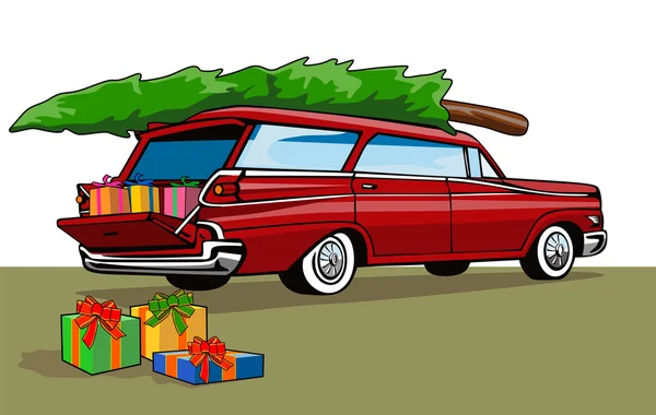 Kırmızı araba steyşın Noel — Stok Vektör