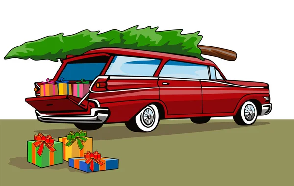 Red Car Station Wagon Christmas — Stock Illustration Red Car Station Wagon Christmas Royalty Free Stock Illustrations