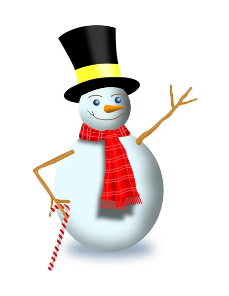 Snowman with Scarf Top Hat and Candy Cane — Stock Photo, Image