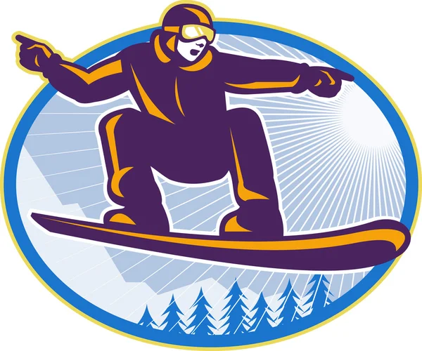 Snowboarder con Snowboard Retro — Vector de stock