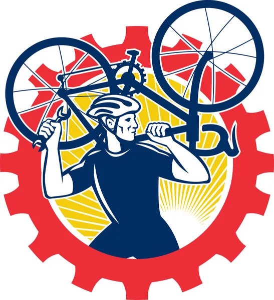 Cycliste mécanicien de vélo portant vélo pignon rétro — Image vectorielle