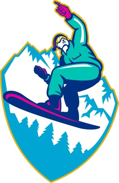 Snowboarder segurando Snowboard Alpes Retro —  Vetores de Stock