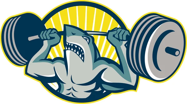 Levantador de peso tubarão levantando Barbell Mascote — Vetor de Stock