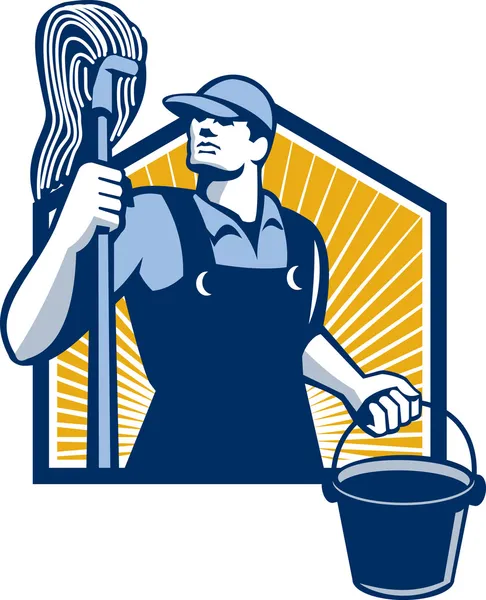 Janitor Cleaner Holding Mop Bucket Retro — Stock Vector