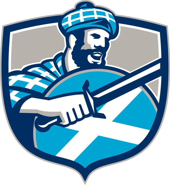 Highlander Scotsman Sword Shield Retro — Stock Vector