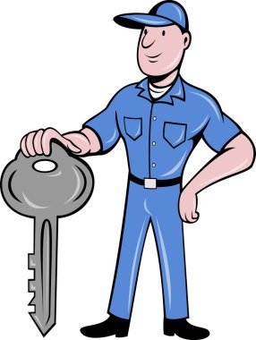 Locksmith standing front view with key isolated clipart