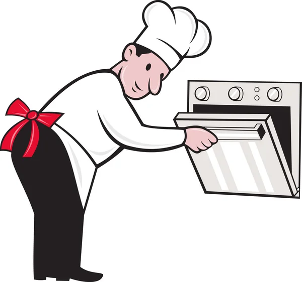 Cartoon Chef Baker Cook Opening Oven — Stock Vector