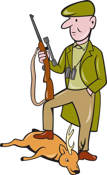 Cazador de dibujos animados con rifle de pie sobre ciervos — Vector de stock