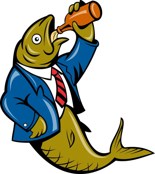 Cartoon Herring fish business suit drinking beer — Stock Vector