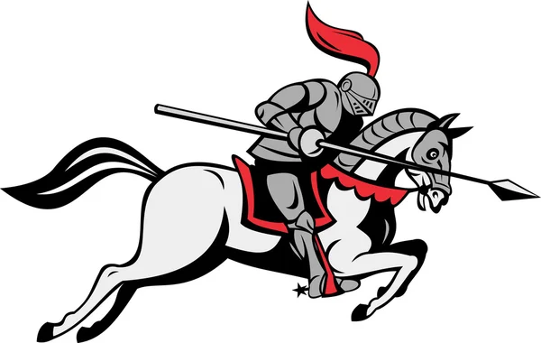 Knight with lance riding horse isolated on white — Stock Vector