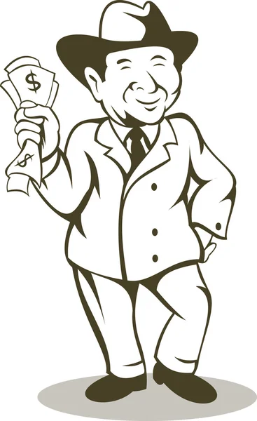 Άνθρωπος στο επαγγελματικό κοστούμι και καπέλο κρατώντας wads Δολάριο νομοσχέδιο χρήματα — Διανυσματικό Αρχείο
