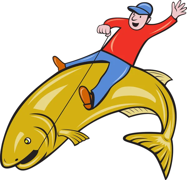 Fisherman Riding Jumping Trout Fish — Stock Vector