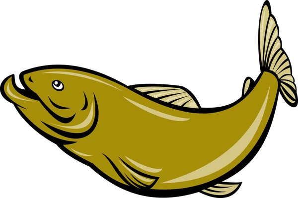 Caricatura trucha pescado saltar lado aislado en blanco — Vector de stock