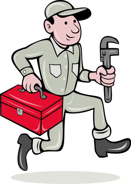 Fontanero con llave de mono y caja de herramientas caminando — Vector de stock