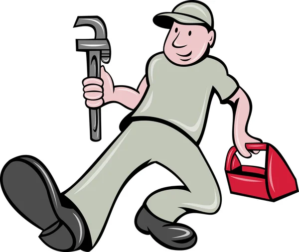 Plumber with monkey wrench and toolbox walking — Stock Vector
