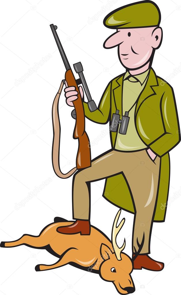 Cartoon Hunter With Rifle Standing on Deer
