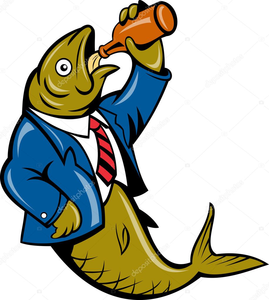 Cartoon Herring fish business suit drinking beer