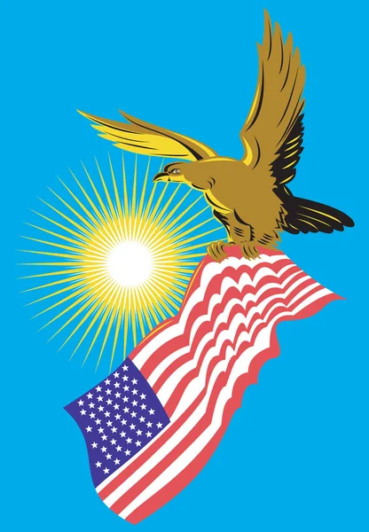American Bald Eagle Carry Drapeau Rétro — Image vectorielle