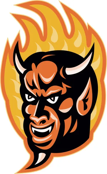 Demonio diablo cuernos fuego retro — Vector de stock