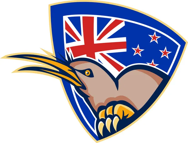 Bandeira de Nova Zelândia de pássaro Kiwi escudo retrô — Vetor de Stock
