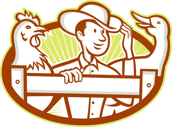 Agricultor con ganso de pollo de dibujos animados — Vector de stock