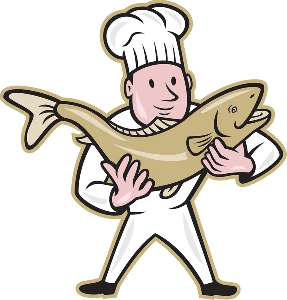 Σεφ μαγειρεύουν χειρισμό ψαριών σολομός στέκεται — Διανυσματικό Αρχείο