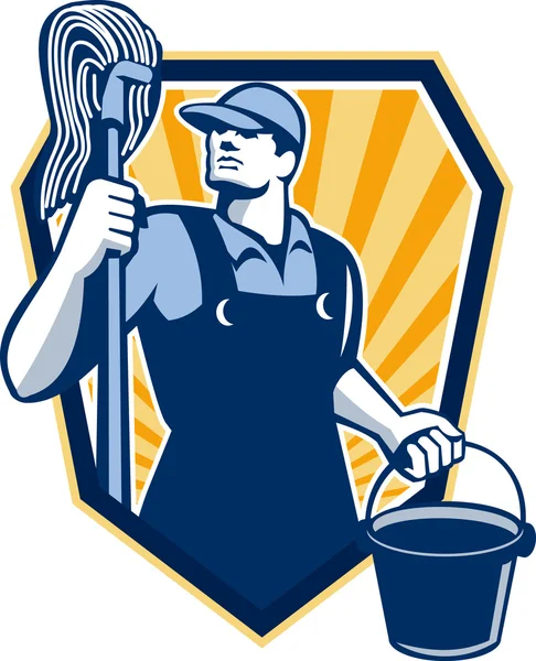 Janitor Cleaner Hold Mop Bucket Shield Retro — Stock Vector