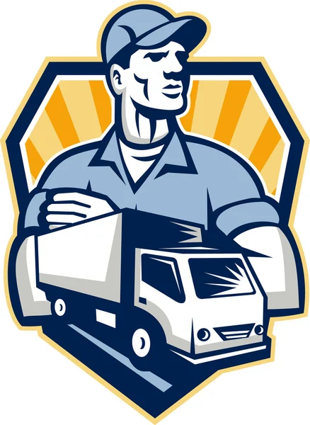 Retrait homme livraison camion crête rétro — Image vectorielle