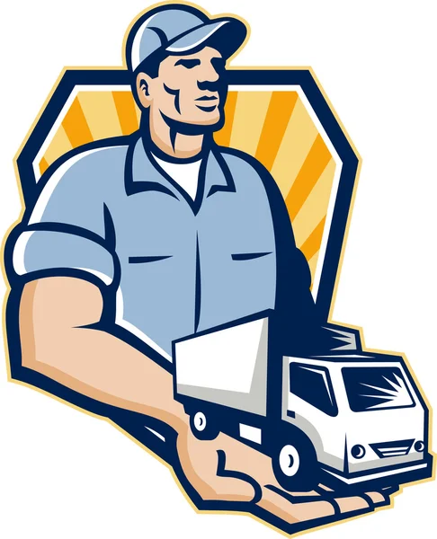 Delivery Man Handing Removal Van Crest Retro — Stock Vector
