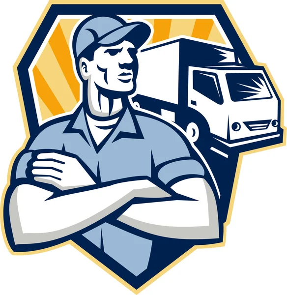 Removal Man Moving Delivery Van Crest Retro — Stock Vector