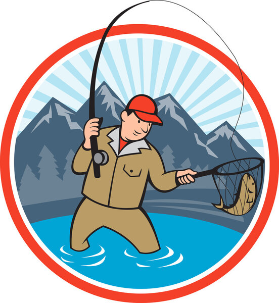 Fly Fisherman Catching Trout Fish Cartoon